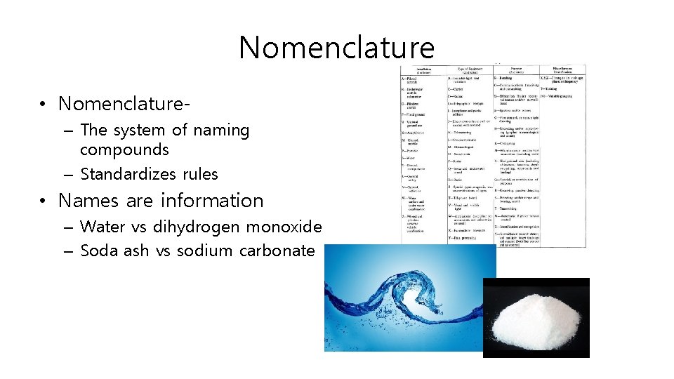Nomenclature • Nomenclature– The system of naming compounds – Standardizes rules • Names are