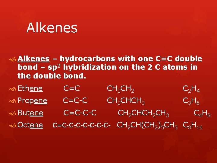 Alkenes – hydrocarbons with one C=C double bond – sp 2 hybridization on the