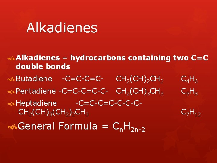 Alkadienes – hydrocarbons containing two C=C double bonds Butadiene -C=C- Pentadiene -C=C-C- CH 2(CH)2