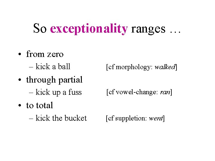 So exceptionality ranges … • from zero – kick a ball [cf morphology: walked]