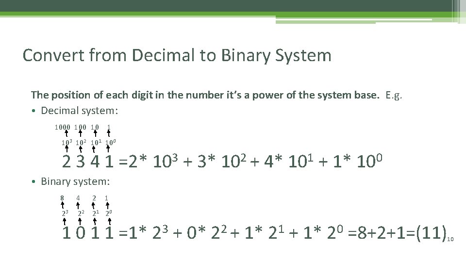 Convert from Decimal to Binary System The position of each digit in the number Convert from Decimal to Binary System The position of each digit in the number