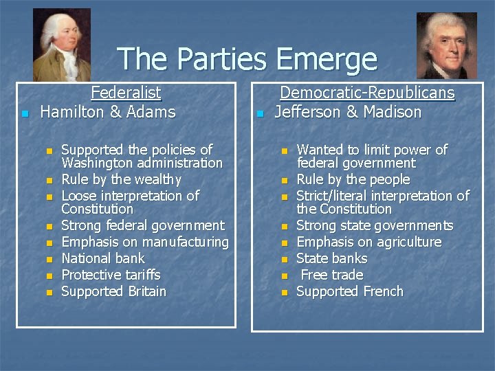 The Parties Emerge n Federalist Hamilton & Adams n n n n Supported the