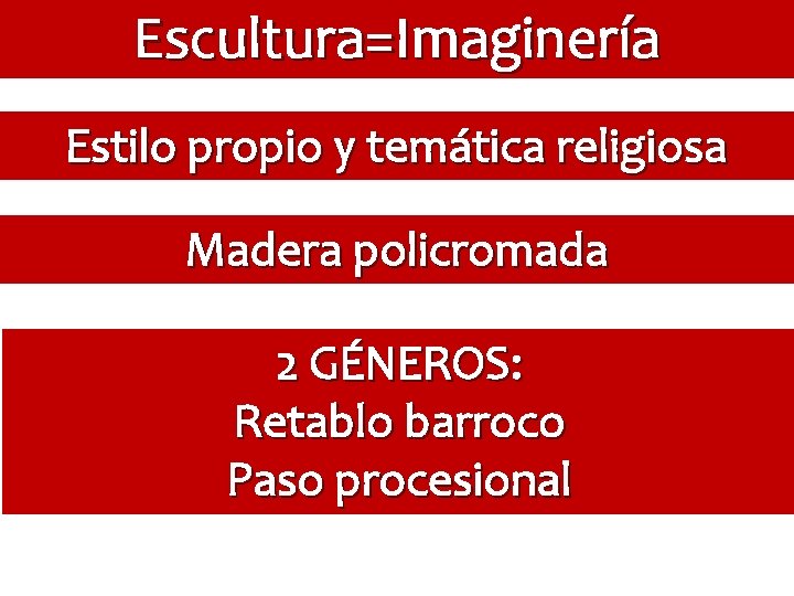 Escultura=Imaginería Estilo propio y temática religiosa Madera policromada 2 GÉNEROS: Retablo barroco Paso procesional