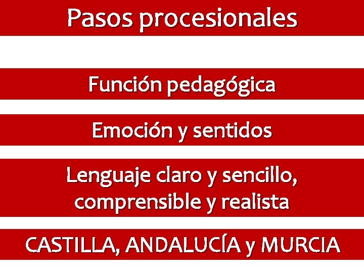 Pasos procesionales Función pedagógica Emoción y sentidos Lenguaje claro y sencillo, comprensible y realista