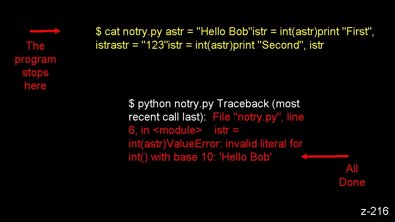 The program stops here $ cat notry. py astr = "Hello Bob"istr = int(astr)print