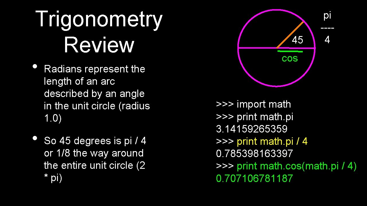 Trigonometry Review • • Radians represent the length of an arc described by an