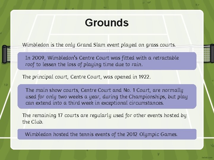 Grounds Wimbledon is the only Grand Slam event played on grass courts. In 2009,