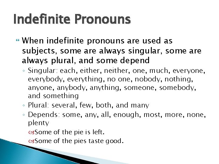 Indefinite Pronouns When indefinite pronouns are used as subjects, some are always singular, some