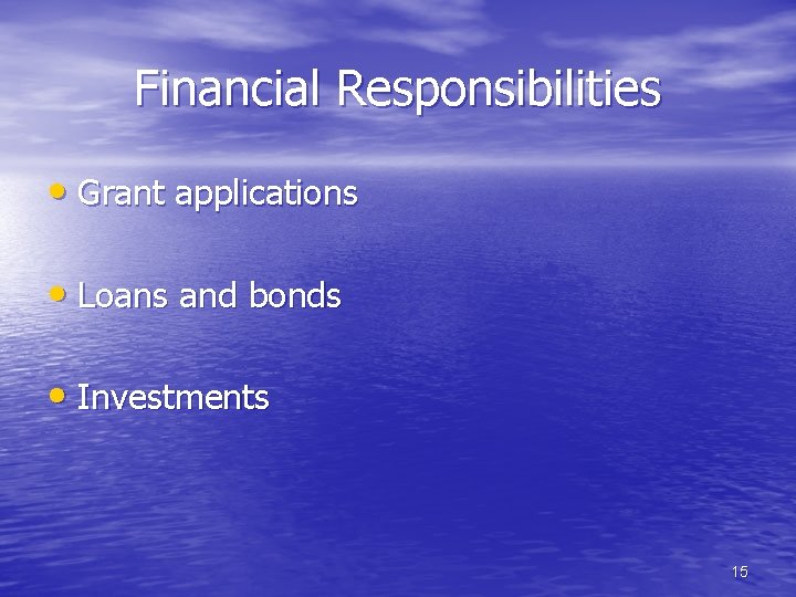 Financial Responsibilities • Grant applications • Loans and bonds • Investments 15 