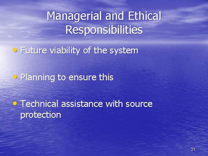 Managerial and Ethical Responsibilities • Future viability of the system • Planning to ensure