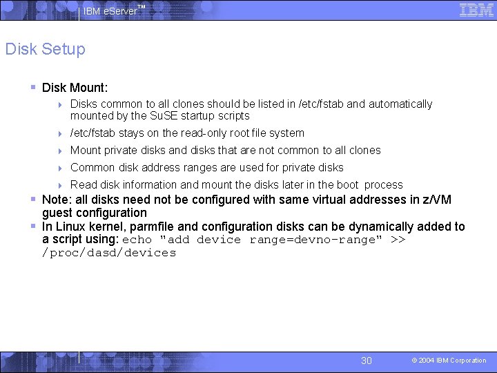 IBM e. Server™ Disk Setup § Disk Mount: 4 Disks common to all clones