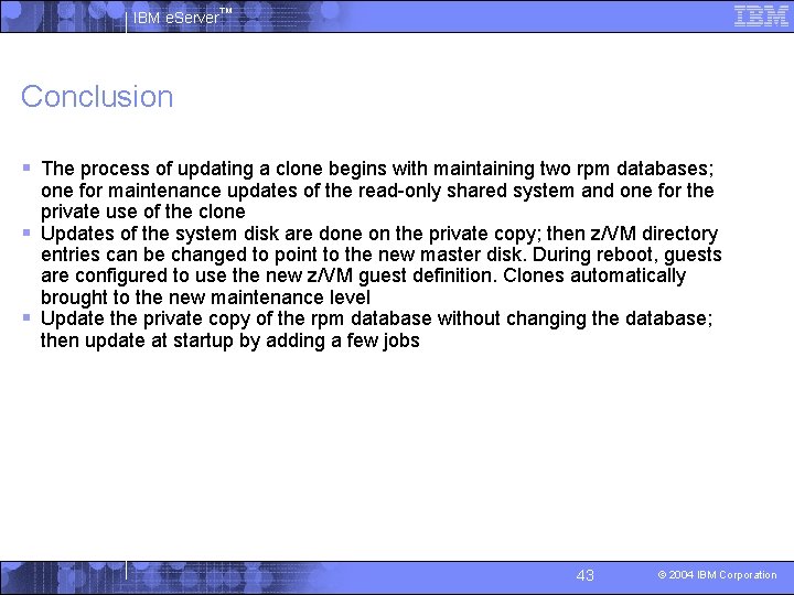 IBM e. Server™ Conclusion § The process of updating a clone begins with maintaining