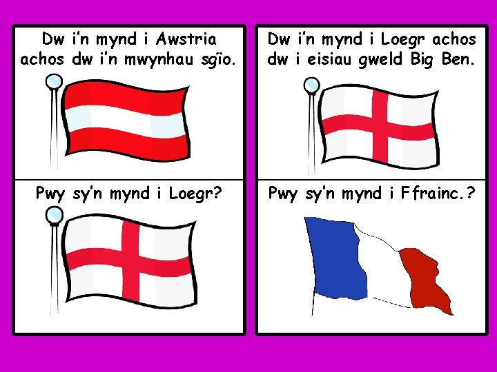 Dw i’n mynd i Awstria achos dw i’n mwynhau sgïo. Dw i’n mynd i