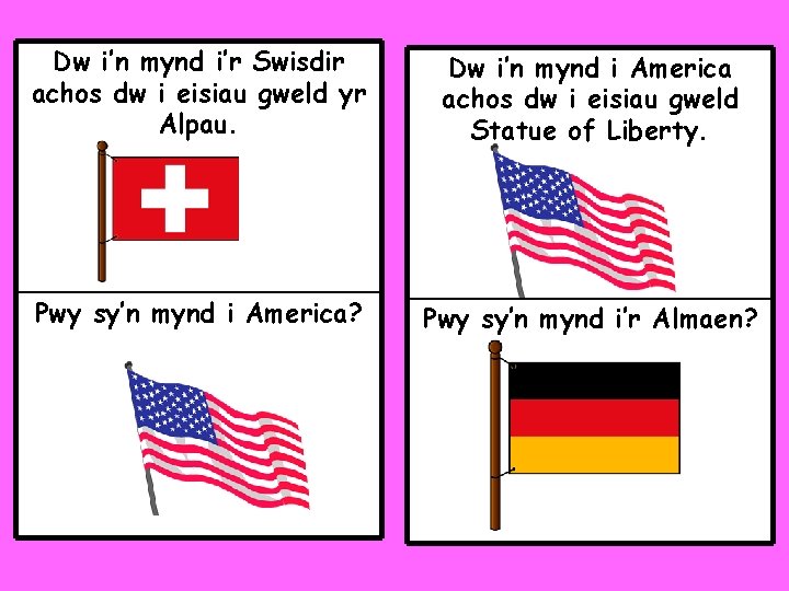 Dw i’n mynd i’r Swisdir achos dw i eisiau gweld yr Alpau. Dw i’n