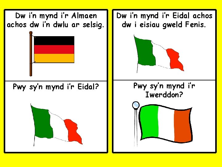 Dw i’n mynd i’r Almaen achos dw i’n dwlu ar selsig. Dw i’n mynd