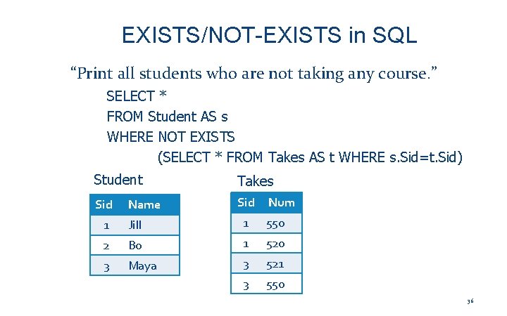 EXISTS/NOT-EXISTS in SQL “Print all students who are not taking any course. ” SELECT