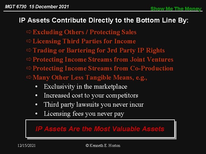 MGT 6730 15 December 2021 Show Me The Money IP Assets Contribute Directly to