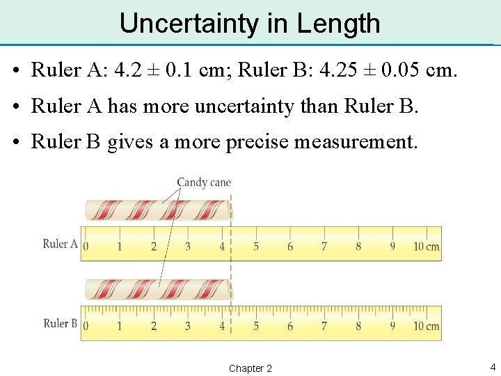 Uncertainty in Length • Ruler A: 4. 2 ± 0. 1 cm; Ruler B: