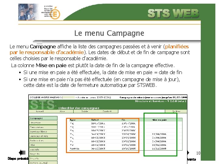 Le menu Campagne affiche la liste des campagnes passées et à venir (planifiées par