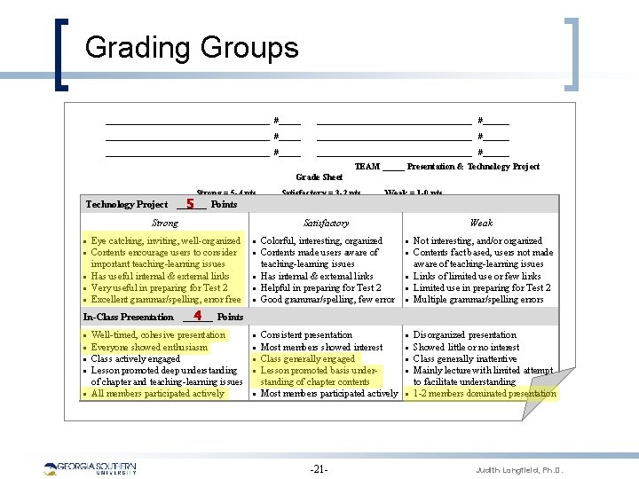 Grading Groups _____________________________________ #______ ___________________ #______ TEAM _____ Presentation & Technology Project Grade Sheet