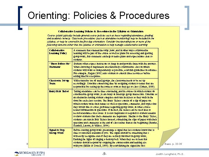 Orienting: Policies & Procedures Collaborative Learning Policies & Procedures in the Syllabus or Orientation