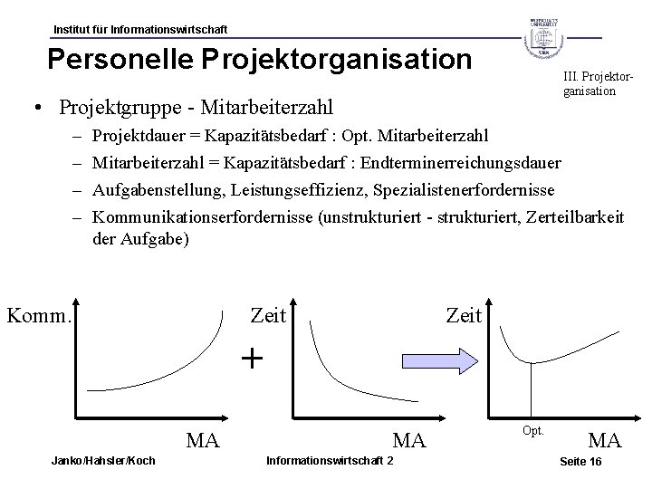 Institut für Informationswirtschaft Personelle Projektorganisation III. Projektorganisation • Projektgruppe - Mitarbeiterzahl – – Projektdauer