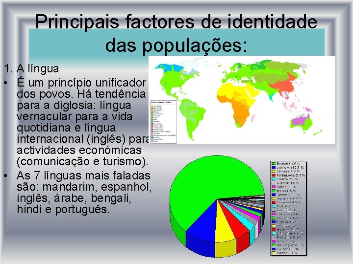 Principais factores de identidade das populações: 1. A língua • É um princípio unificador