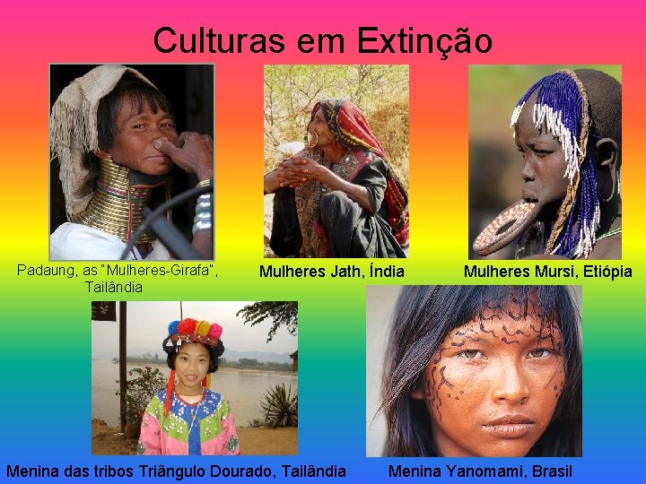 Culturas em Extinção Padaung, as “Mulheres-Girafa”, Tailândia Mulheres Jath, Índia Menina das tribos Triângulo