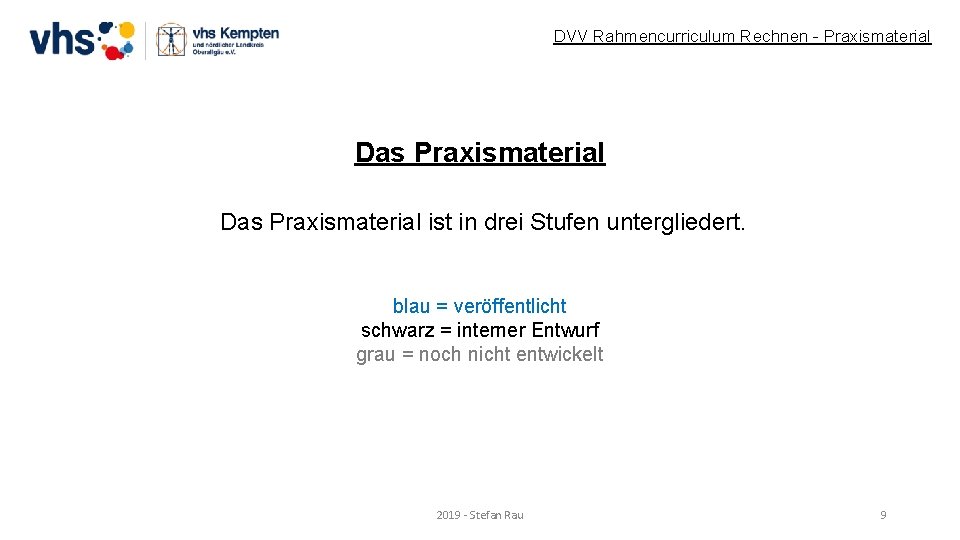 DVV Rahmencurriculum Rechnen - Praxismaterial Das Praxismaterial ist in drei Stufen untergliedert. blau =