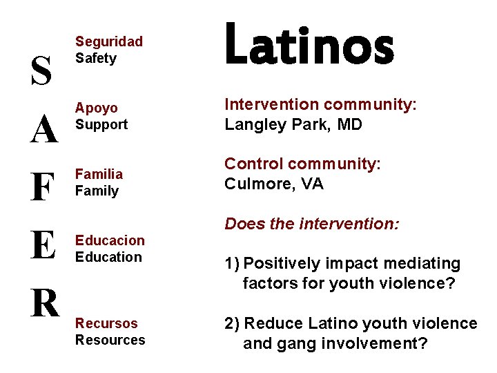S A F E R Seguridad Safety Latinos Apoyo Support Intervention community: Langley Park,