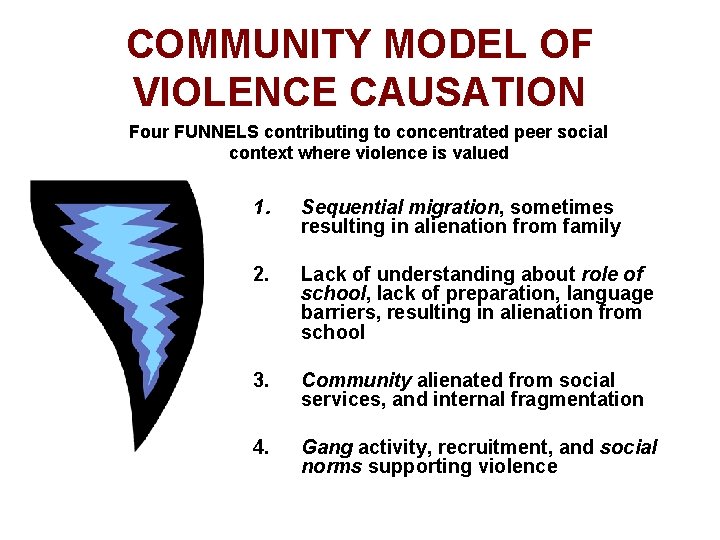 COMMUNITY MODEL OF VIOLENCE CAUSATION Four FUNNELS contributing to concentrated peer social context where