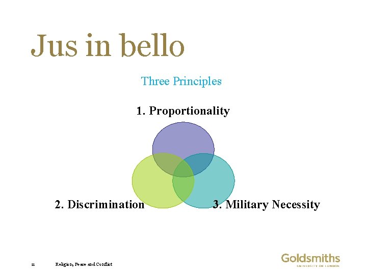 Jus in bello Three Principles 1. Proportionality 2. Discrimination 11 Religion, Peace and Conflict