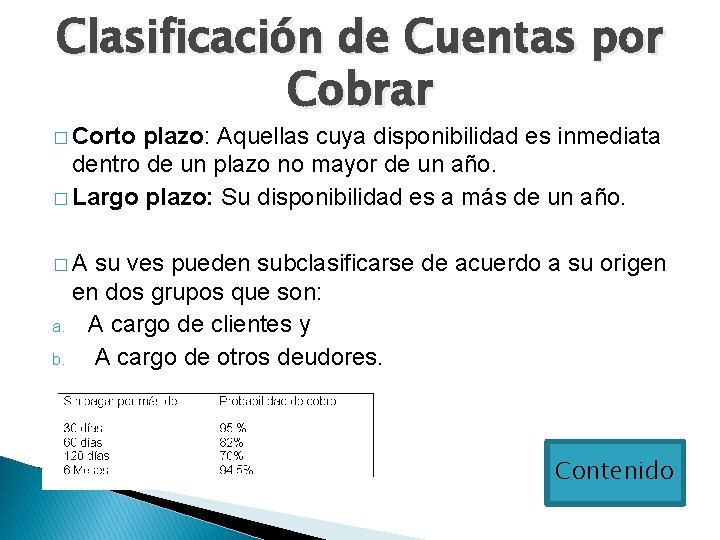 Clasificación de Cuentas por Cobrar � Corto plazo: Aquellas cuya disponibilidad es inmediata dentro