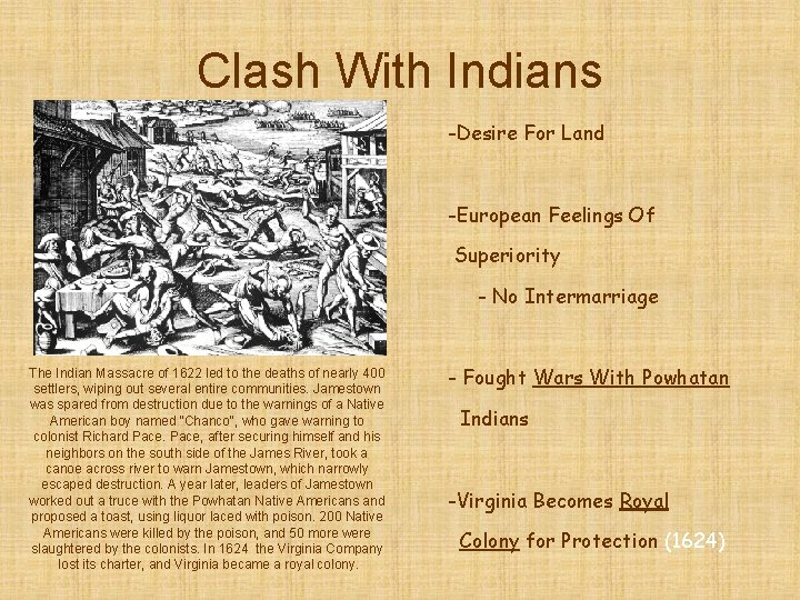 Clash With Indians -Desire For Land -European Feelings Of Superiority - No Intermarriage The