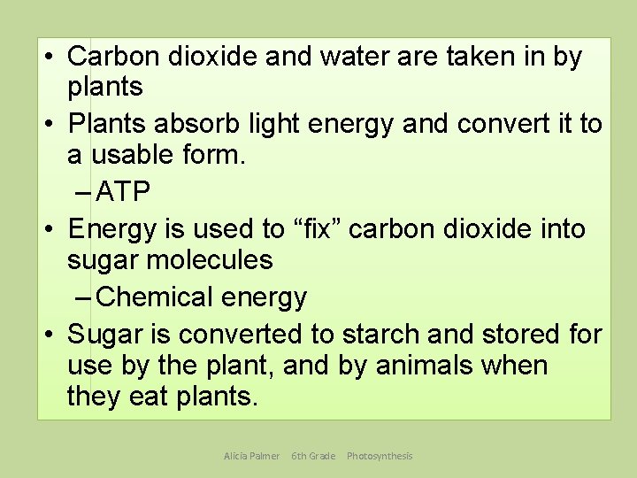 • Carbon dioxide and water are taken in by plants • Plants absorb