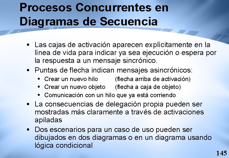 Procesos Concurrentes en Diagramas de Secuencia § Las cajas de activación aparecen explícitamente en