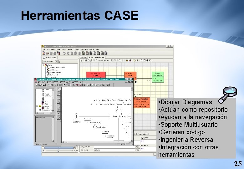 Herramientas CASE • Dibujar Diagramas • Actúan como repositorio • Ayudan a la navegación