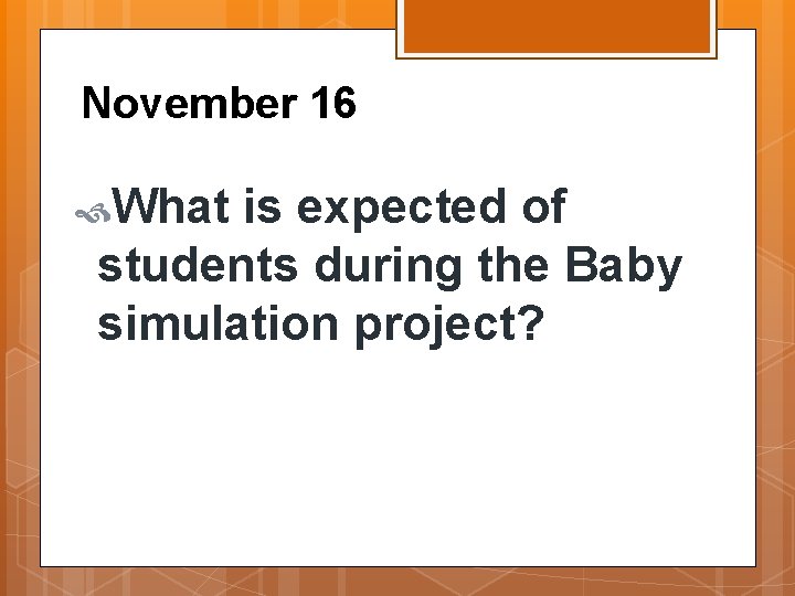 November 16 What is expected of students during the Baby simulation project? 