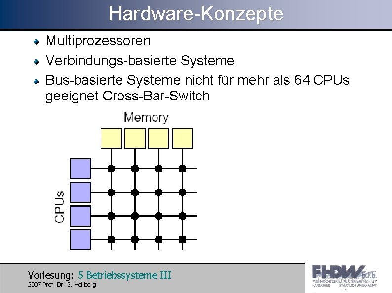 Hardware-Konzepte Multiprozessoren Verbindungs-basierte Systeme Bus-basierte Systeme nicht für mehr als 64 CPUs geeignet Cross-Bar-Switch