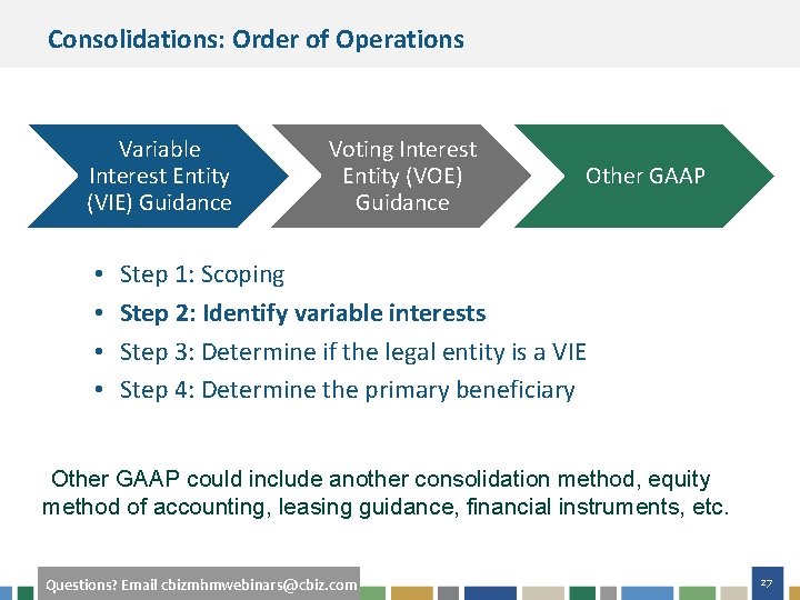 Consolidations: Order of Operations Variable Interest Entity (VIE) Guidance • • Voting Interest Entity