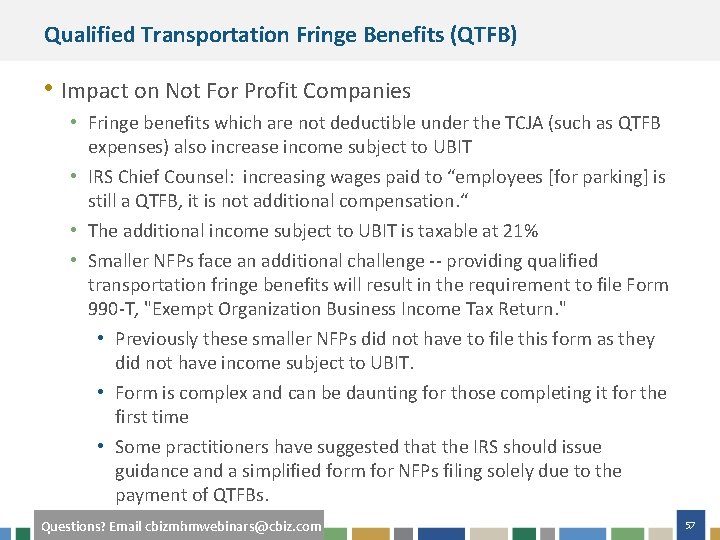 Qualified Transportation Fringe Benefits (QTFB) • Impact on Not For Profit Companies • Fringe