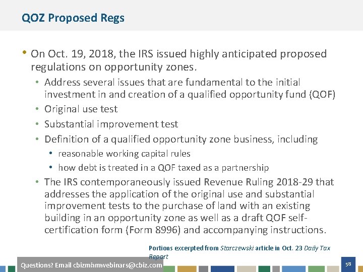 QOZ Proposed Regs • On Oct. 19, 2018, the IRS issued highly anticipated proposed