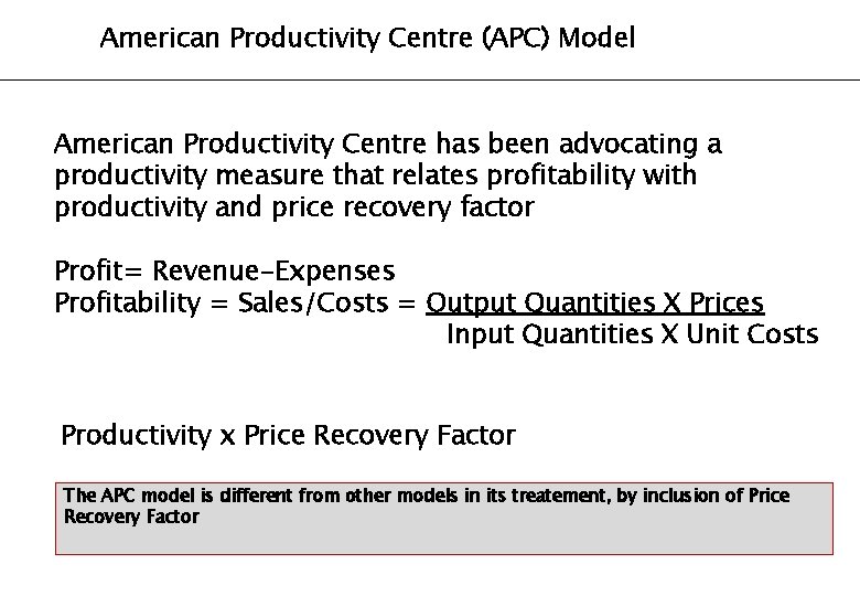 American Productivity Centre (APC) Model American Productivity Centre has been advocating a productivity measure