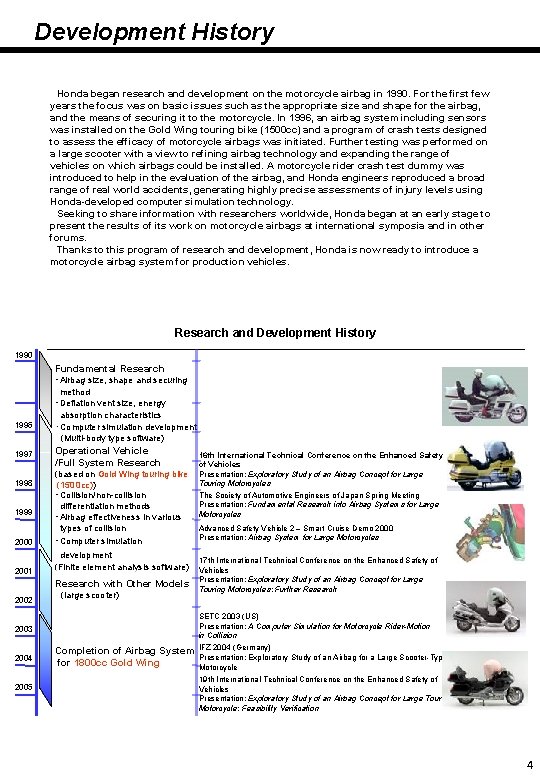 Development History Honda began research and development on the motorcycle airbag in 1990. For