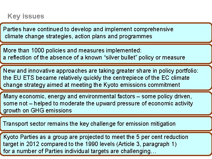 Key issues Parties have continued to develop and implement comprehensive climate change strategies, action