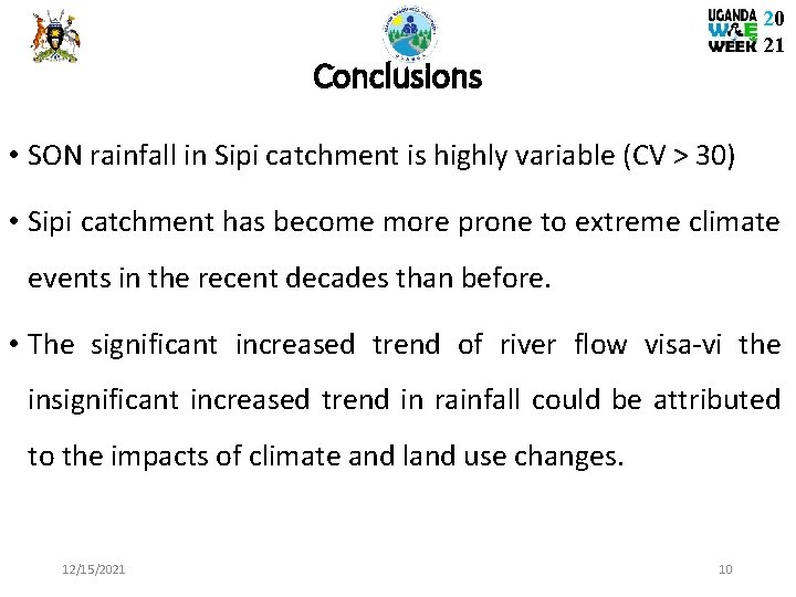 20 21 Conclusions • SON rainfall in Sipi catchment is highly variable (CV >
