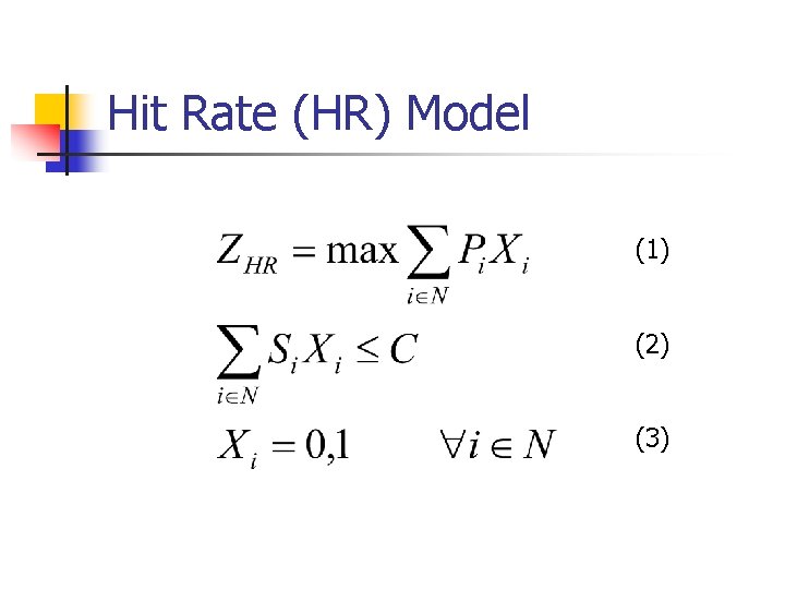 Hit Rate (HR) Model (1) (2) (3) 