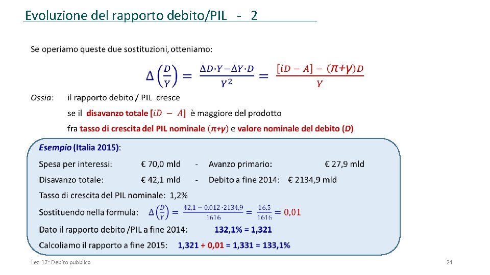 Evoluzione del rapporto debito/PIL - 2 Lez. 17: Debito pubblico 24 