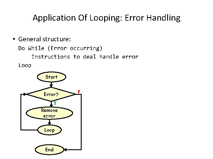 Application Of Looping: Error Handling • General structure: Do While (Error occurring) Instructions to