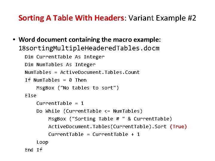 Sorting A Table With Headers: Variant Example #2 • Word document containing the macro